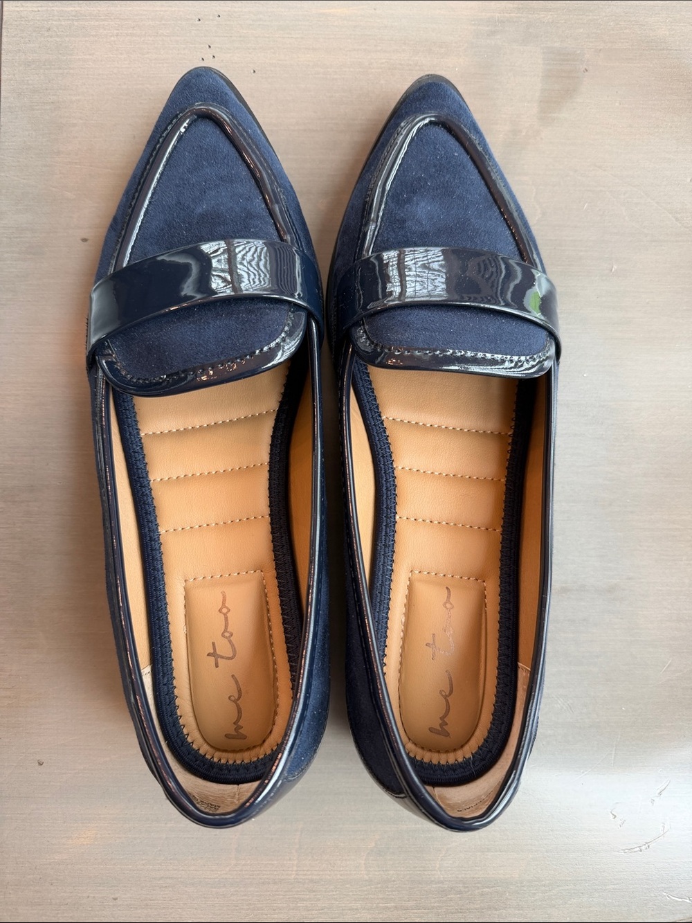 me too Navy Pointed-Toe Suede & Patent Trim Loafers - Like New!
